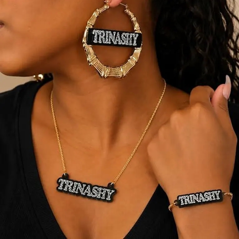 Peronalized Acrylic Black Nameplate Set Name Necklace Bracelet And Hoop Earrings