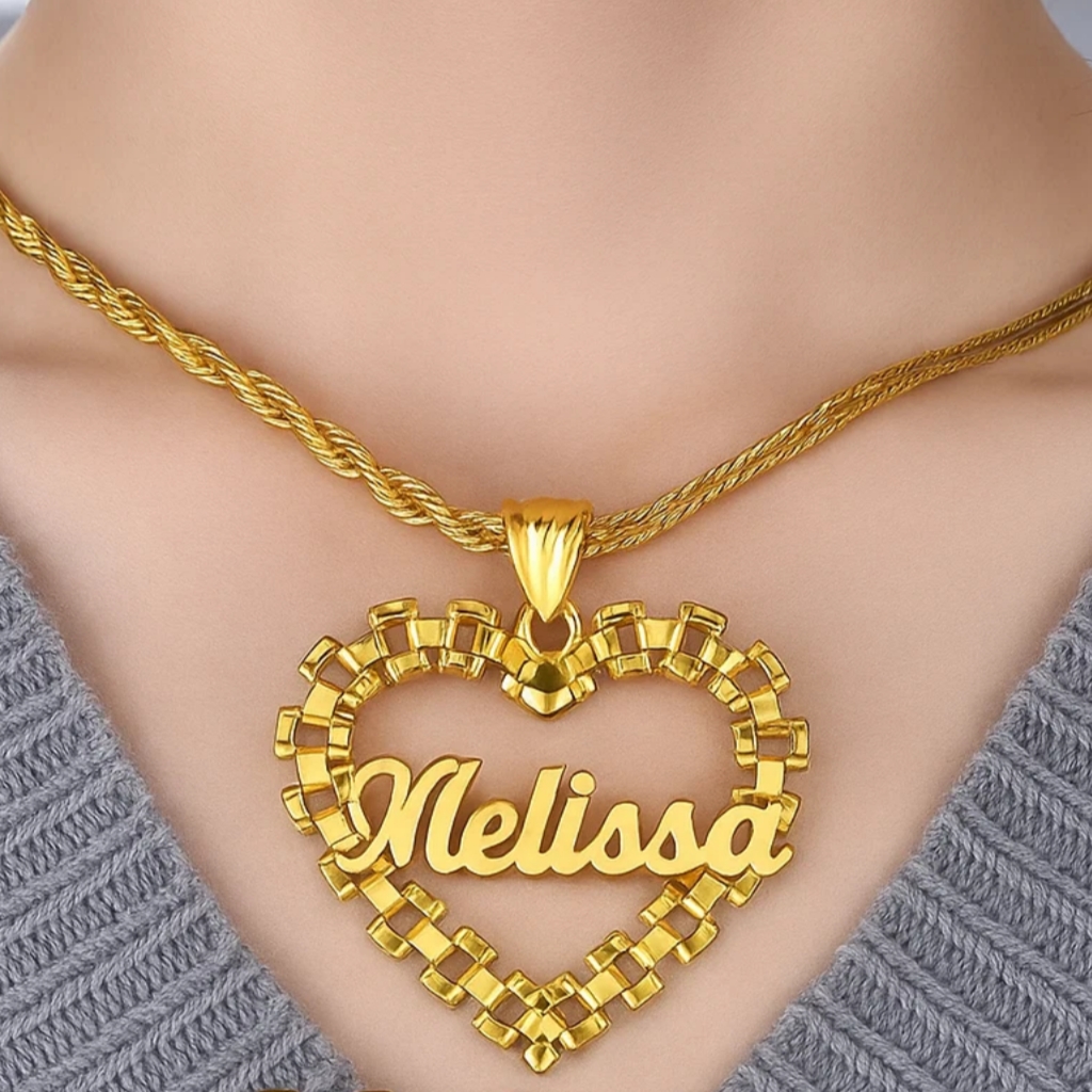 Custom RX Style Heart Love Nameplate Gold Plated Name Necklace