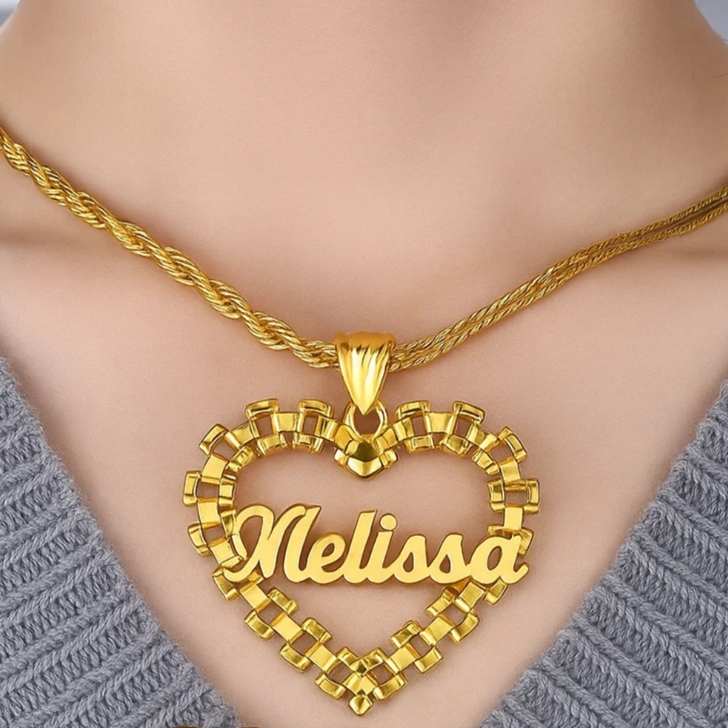 Custom RX Style Heart Love Nameplate Gold Plated Name Necklace