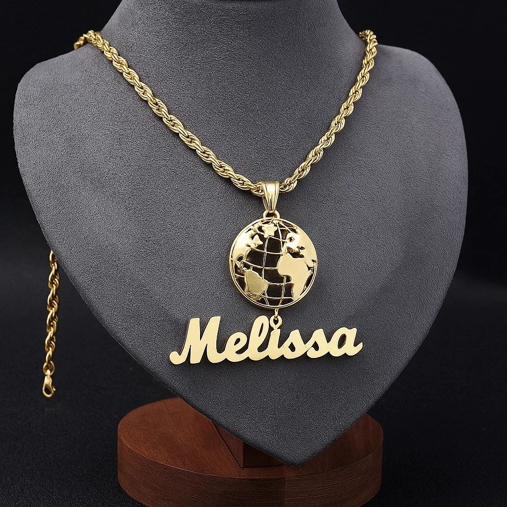 Custom Globe Round Circle Pendant Personalized Name Necklace