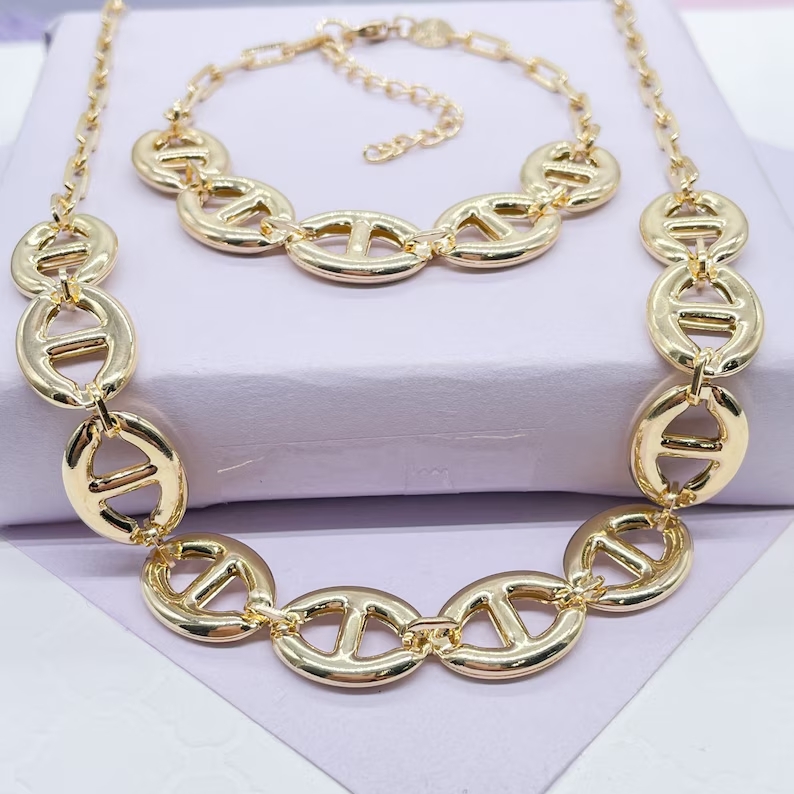 Puffy Mariner Link Chain Set Necklace and Bracelet