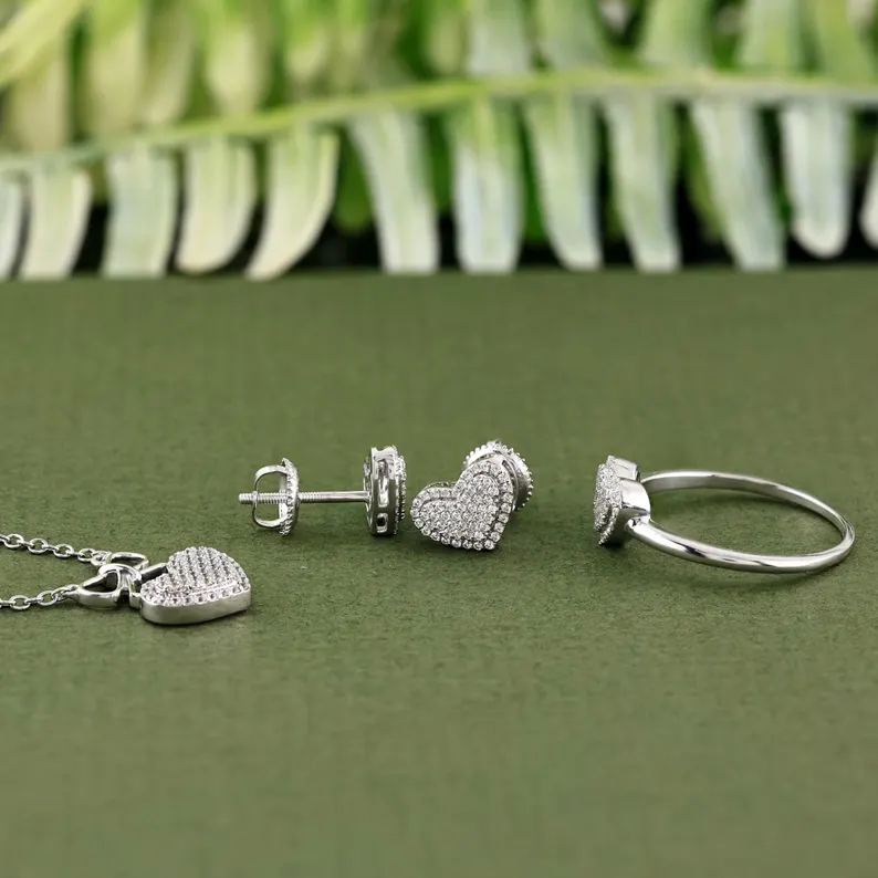 Shiny Bling CZ Stone White Gold Heart Pendant Set Necklace Ring And Stud Earrings
