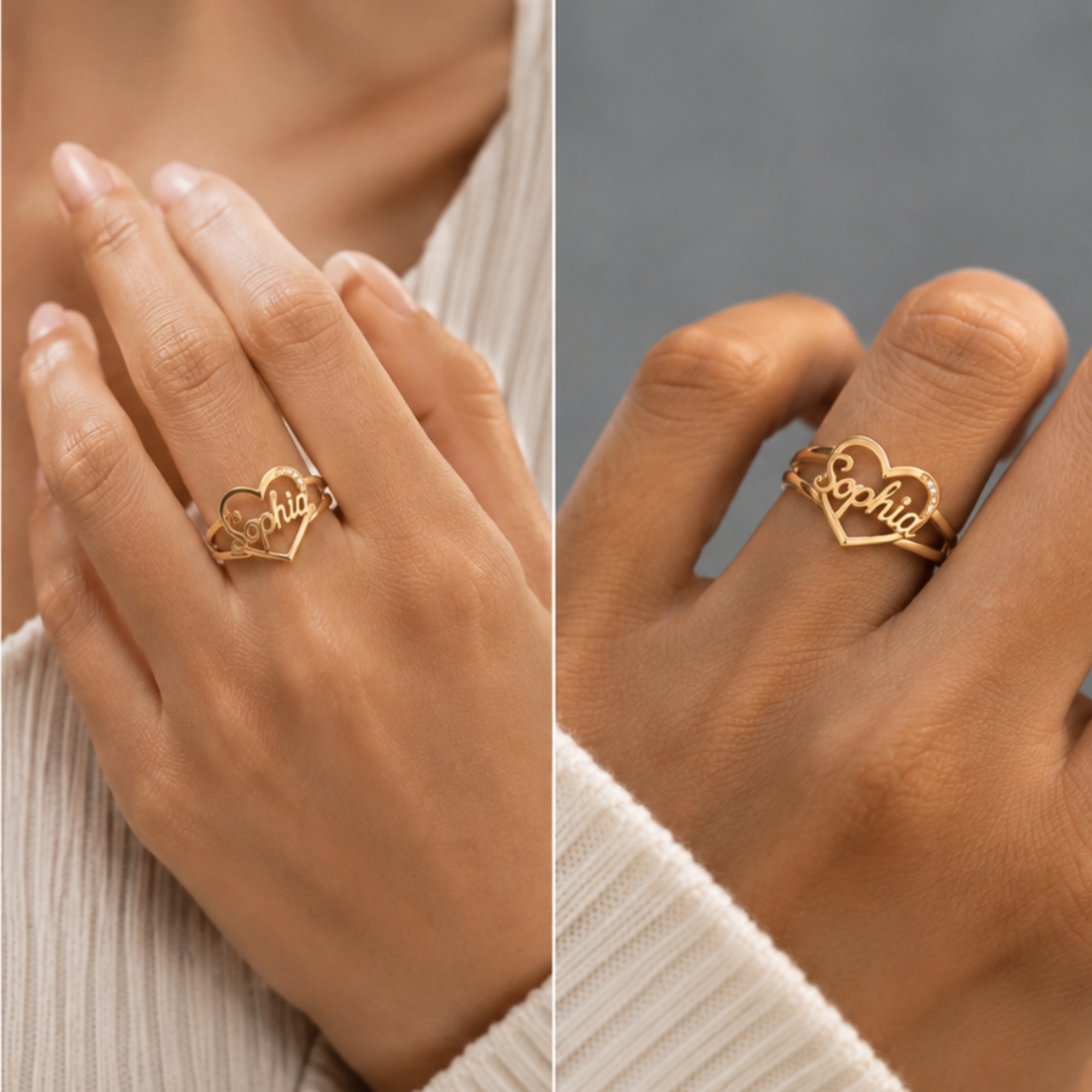 Bling CZ Heart-shaped Name Ring Gold Plated Personalized Custom Name Ring