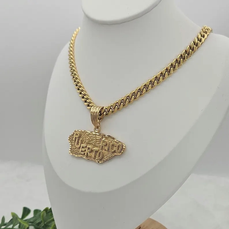 Gold Plated Puerto Rico Pendant Necklace Cuban Link Chain Necklace