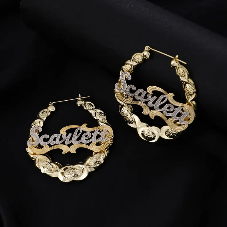 Personalized Custom Two Tone Name Earrings XO Bamboo Earrings