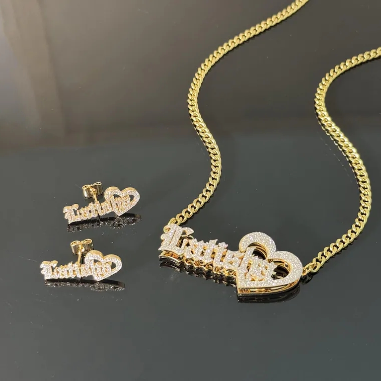 Old English Personalized Heart Name Necklace and Stud Name Earrings Jewelry Set