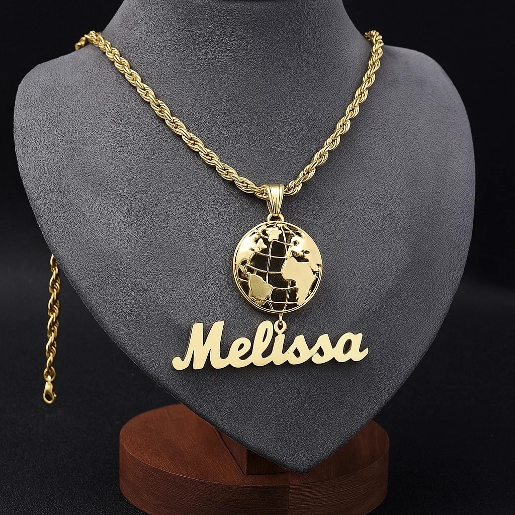 Custom Globe Round Circle Pendant Personalized Name Necklace