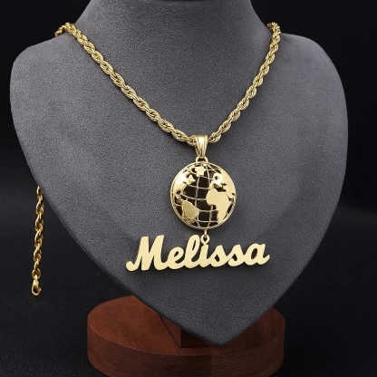 Custom Globe Round Circle Pendant Personalized Name Necklace