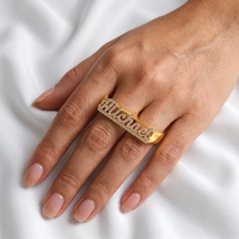 Bling Two Fingers Name Ring Personalized Gold Plated Name Ring