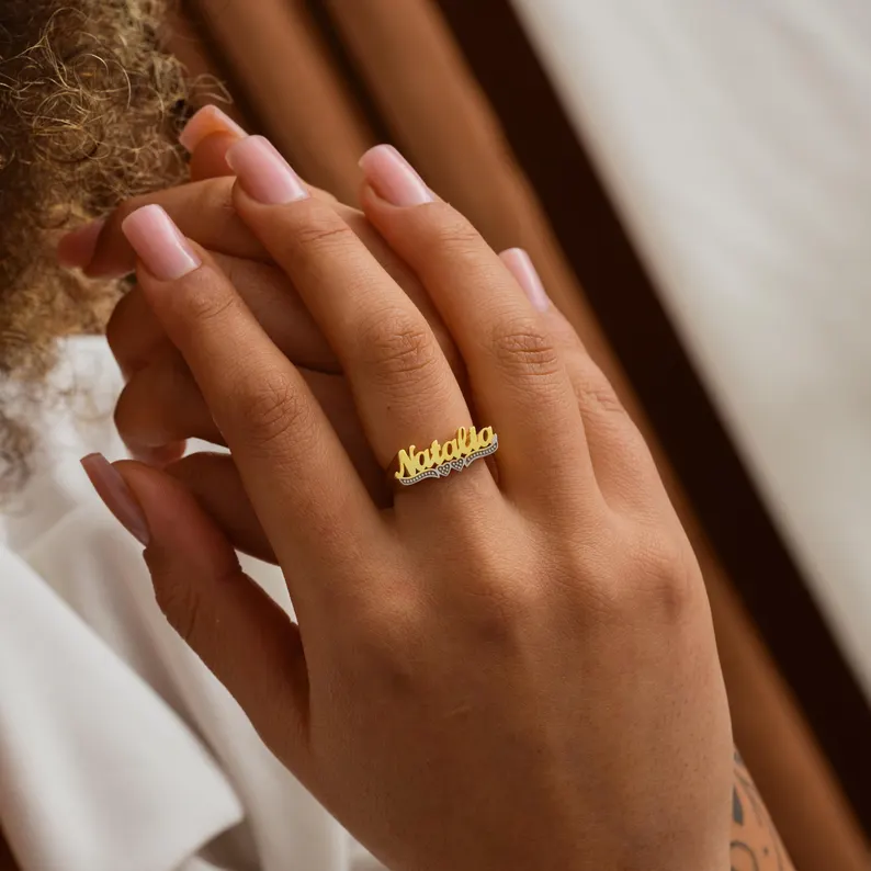 Gold Plated Double Hearts Name Ring Personalized Custom Name Ring