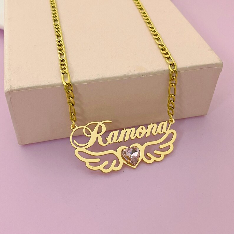 Wings Nameplate Necklace Personalized Gold Plated Name Necklace with Birthstone