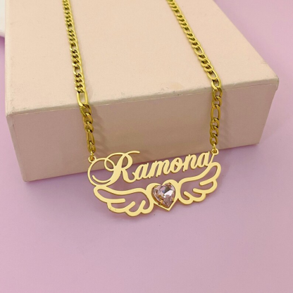 Wings Nameplate Necklace Personalized Gold Plated Name Necklace with Birthstone