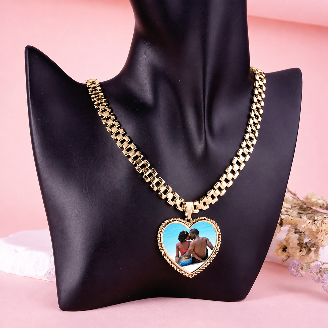 Love Heart Photo Pendant Necklace Gold Plated Custom Photo Necklace with RX Style Chain