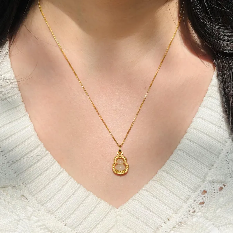 Gold Plated Gourd Pendant Vintage White Jade Pendant Necklace