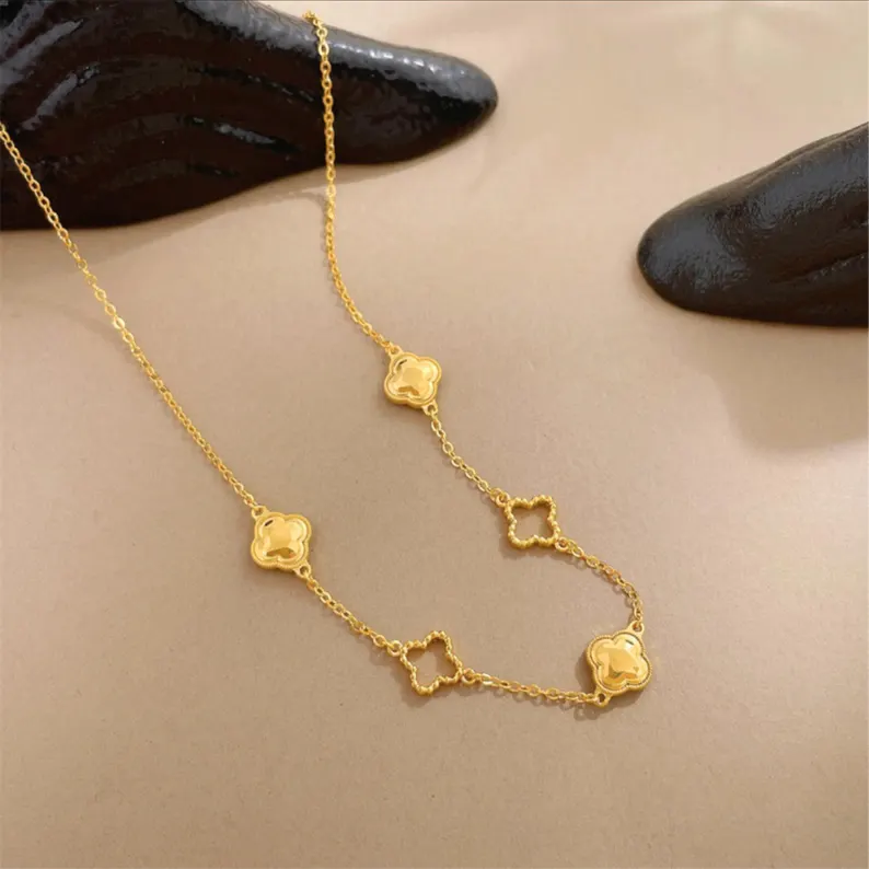 Gold Plated Four Leaves Flower Necklace Emerald Charms Necklace