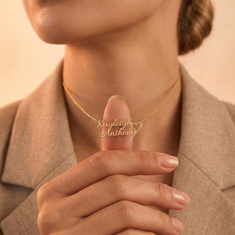 Two Name Heart Nameplate Necklace Personalized Gold Plated Name Necklace