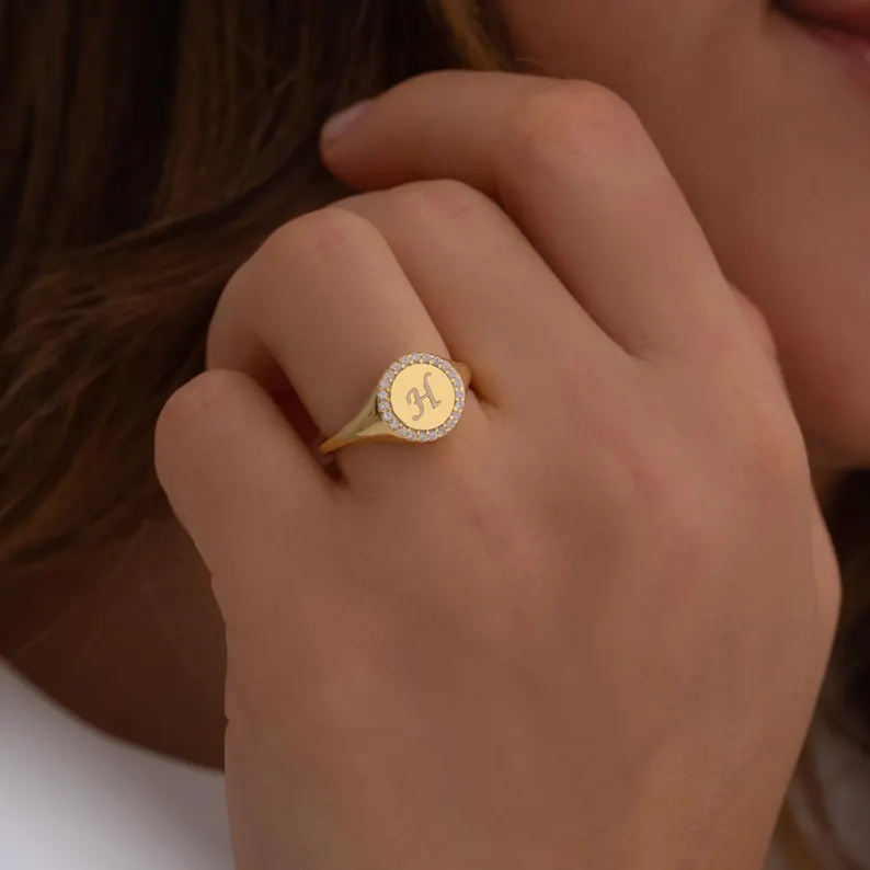 Gold Plated CZ Initial Ring Personalized Engraved Initial Ring