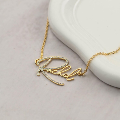 Sparkling Big Initial Letter Nameplate Necklace Personalized Gold Plated Name Necklace
