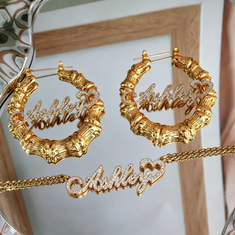 Shiny Bling Heart Nameplate set Personalized Double Plated Name Necklace and Bamboo Hoop Name Earrings Jewelry Set