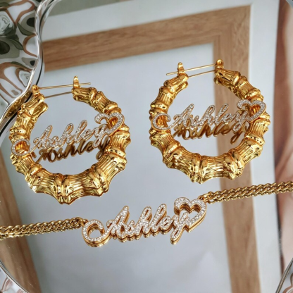 Shiny Bling Heart Nameplate set Personalized Double Plated Name Necklace and Bamboo Hoop Name Earrings Jewelry Set