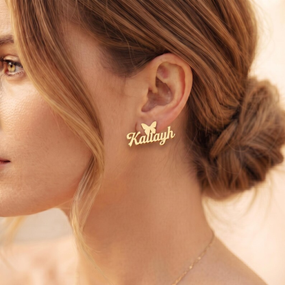 Personalized Butterfly Name Earrings Gold Plated Studs Earrings 