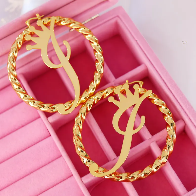Personalized Crown Initial Earrings Gold Plated Twist Hoop Earrings 