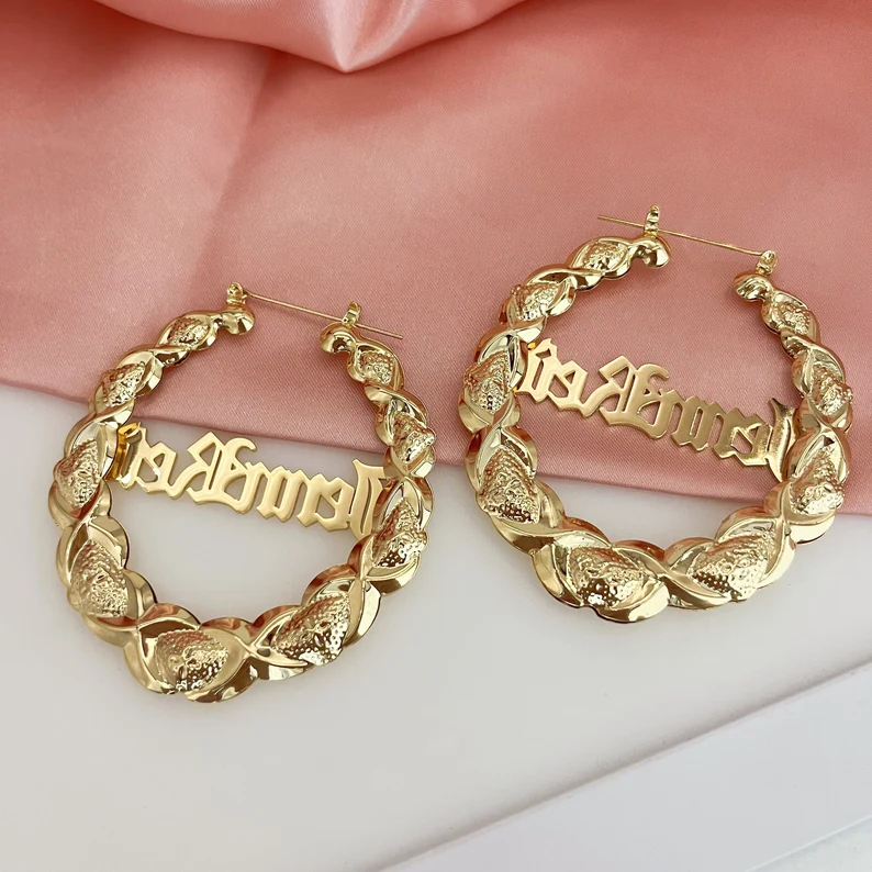 Personalized Old English Font Nameplate Earrings Gold Plated XO Bamboo Hoop Earrings 