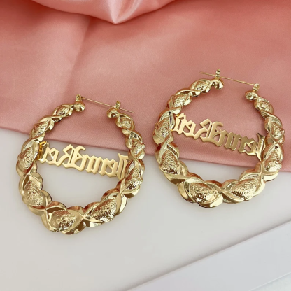 Personalized Old English Font Nameplate Earrings Gold Plated XO Bamboo Hoop Earrings 
