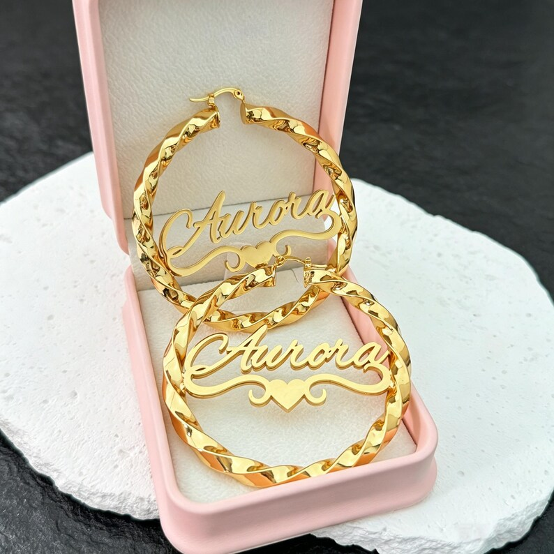 70mm Heart Nameplate Earrings Gold Plated Personalized Twist Hoop Name Earrings 