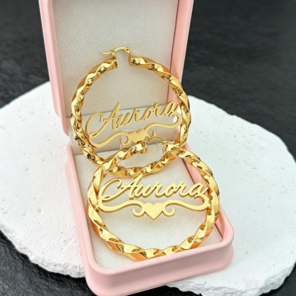 70mm Heart Nameplate Earrings Gold Plated Personalized Twist Hoop Name Earrings 
