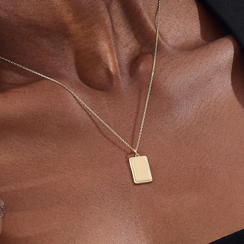 Personalized Rectangle Nameplate Pendant Necklace Gold Plated Engraved Name Necklace