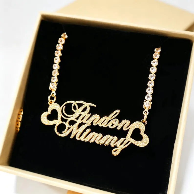 Shiny Bling Two Names Heart Nameplate Necklace Personalized Name Necklace with Tennis Chain