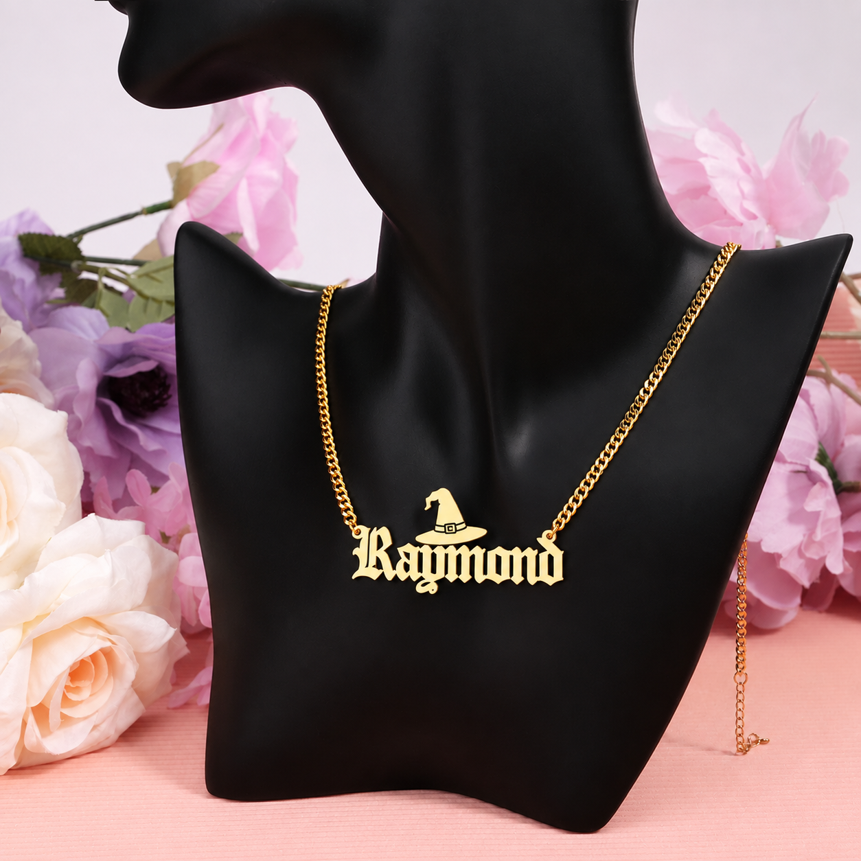 Witch Hat Nameplate Necklace Personalized Gold Plated Name Necklace