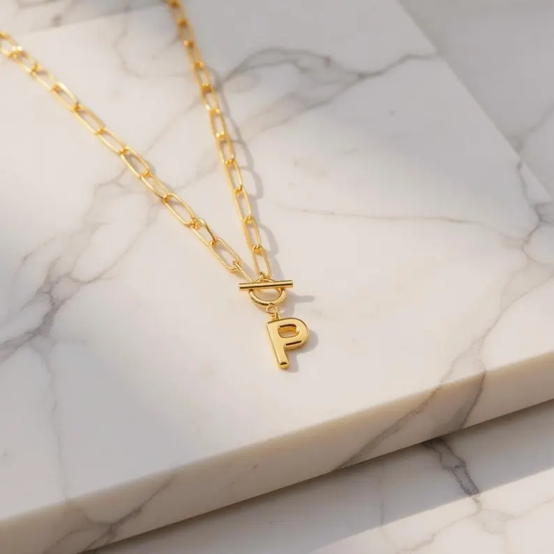 Personalized Initial Letter Necklace With Paper Clip Chain 