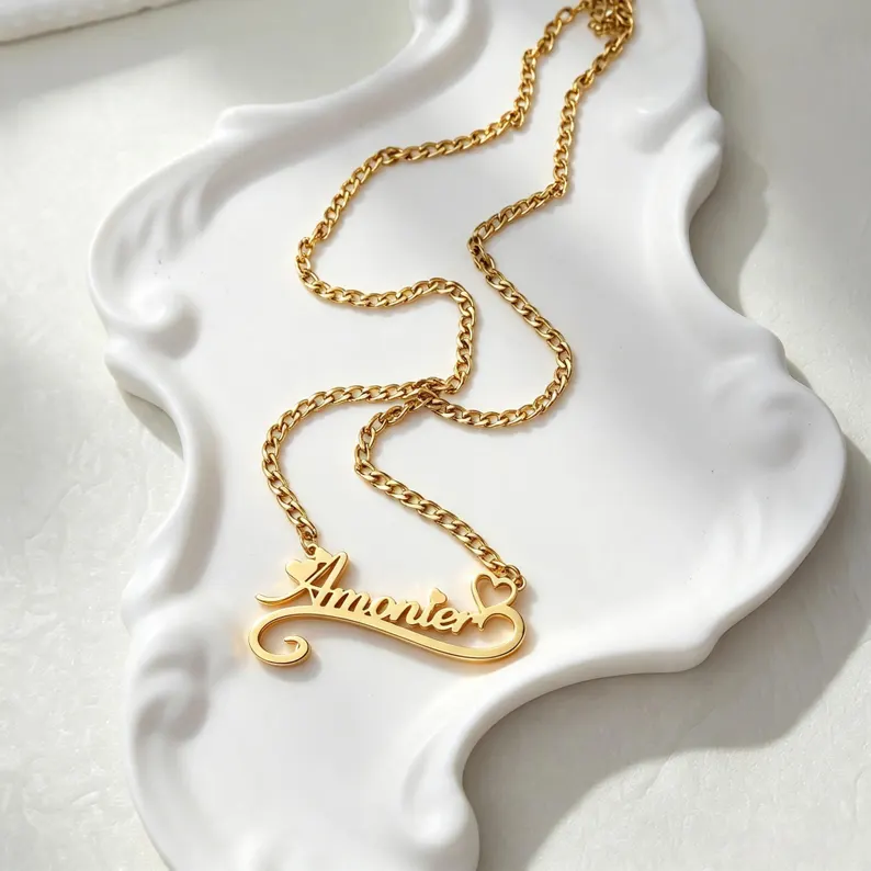 Gold Plated Custom Heart Name Necklace Personalized Doule Plated Name Necklace