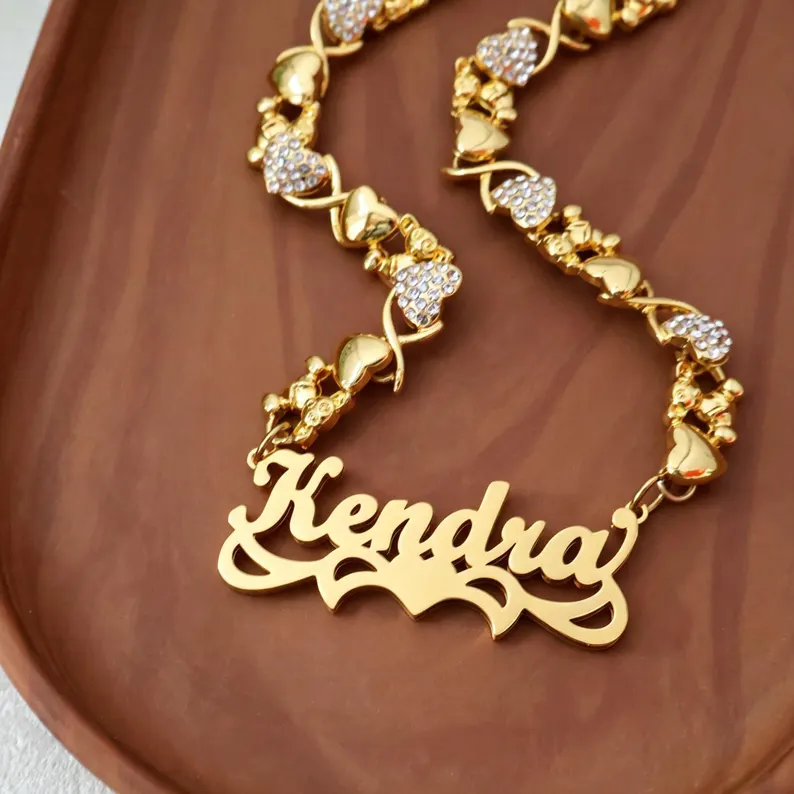 Teddy XOXO Chain Custom Heart Name Necklace Gold Plated Double Plated Name Necklace