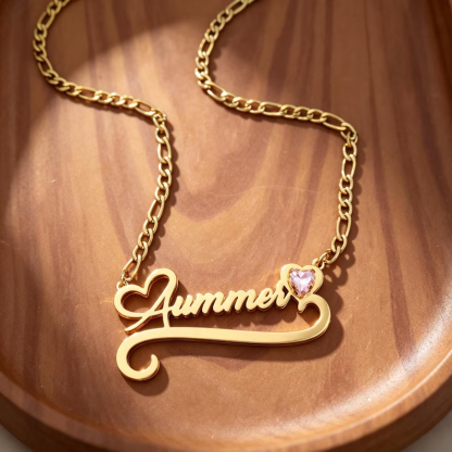 Gold Plated Custom Birthstone Heart Name Necklace