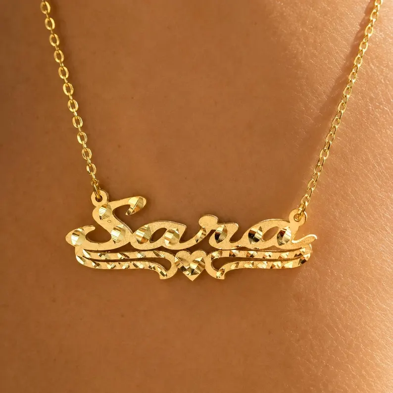 Diamond Cut Heart Name Necklace Gold Plated Custom Name necklace