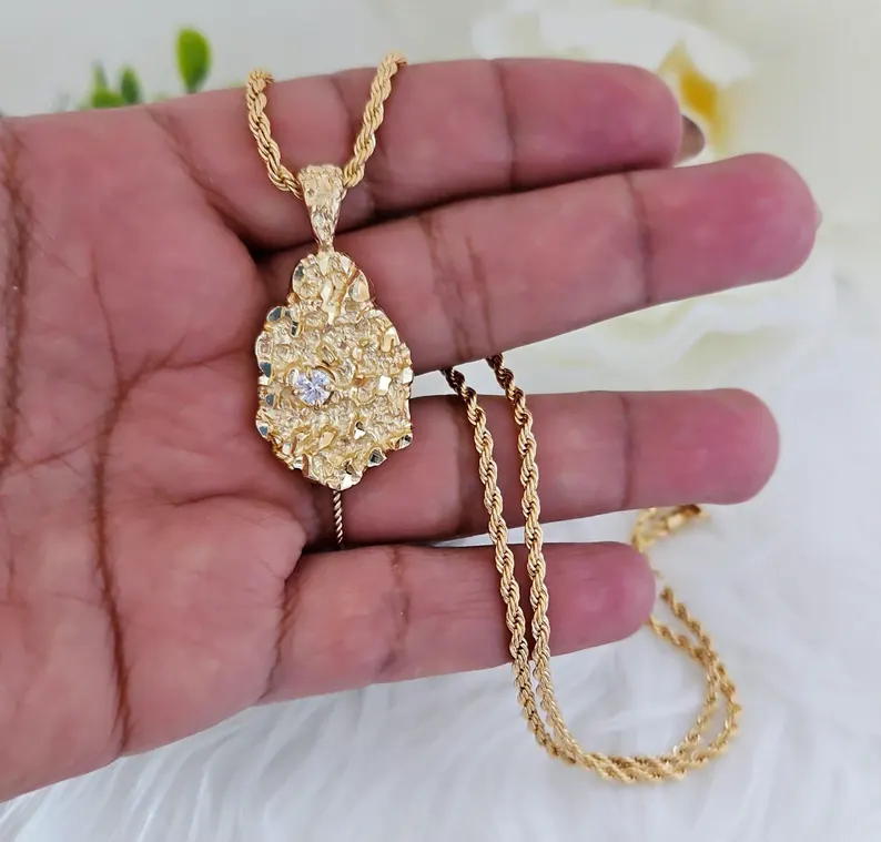 14k Gold Plated Nugget Vintage Charm Pendant CZ Stone Necklace