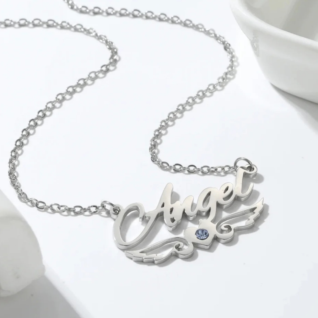Gold Plated Personalized Birthstone Wing Heart Custom Name Necklace