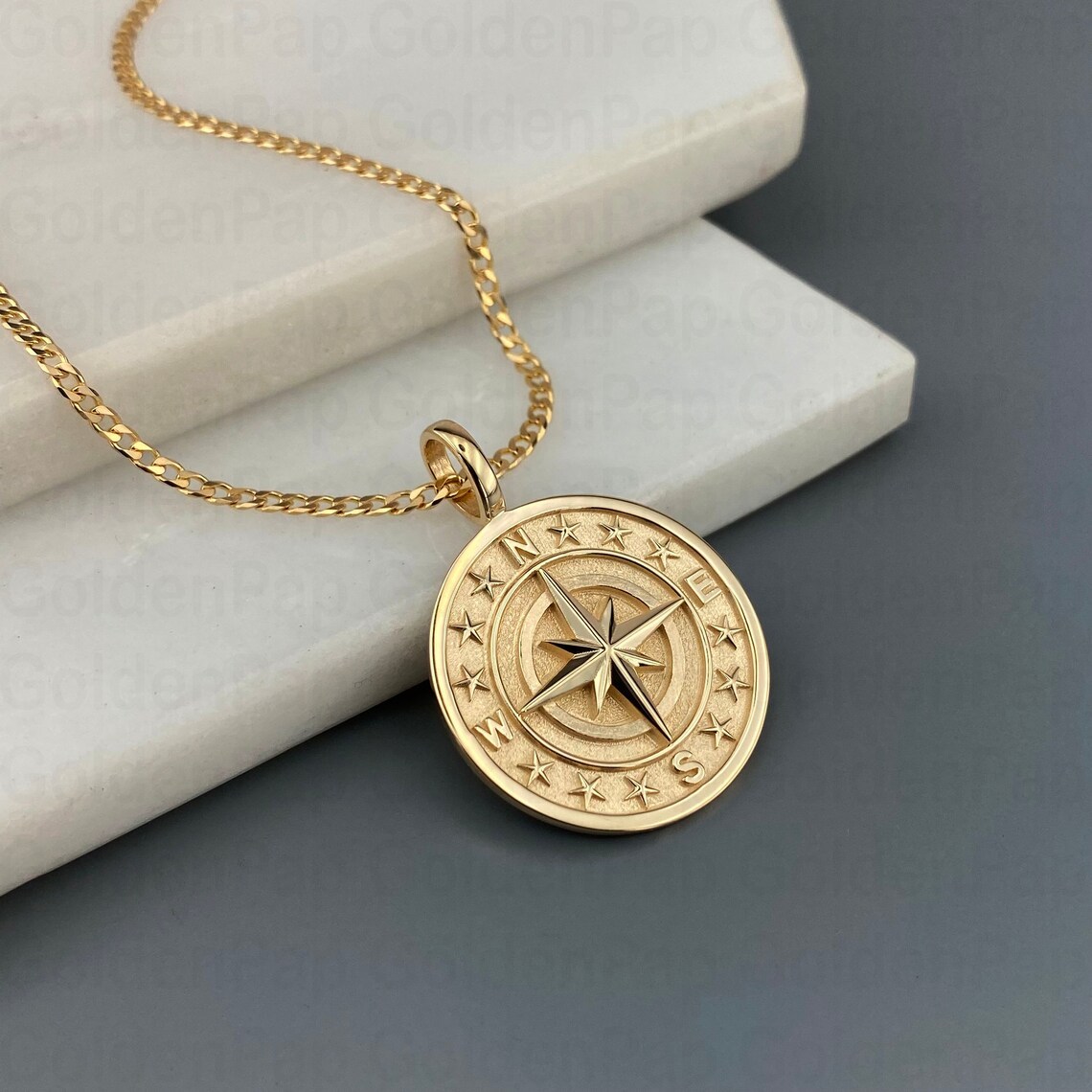 14K Gold Plated Compass Pendant Necklace For Men