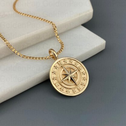 14K Gold Plated Compass Pendant Necklace For Men