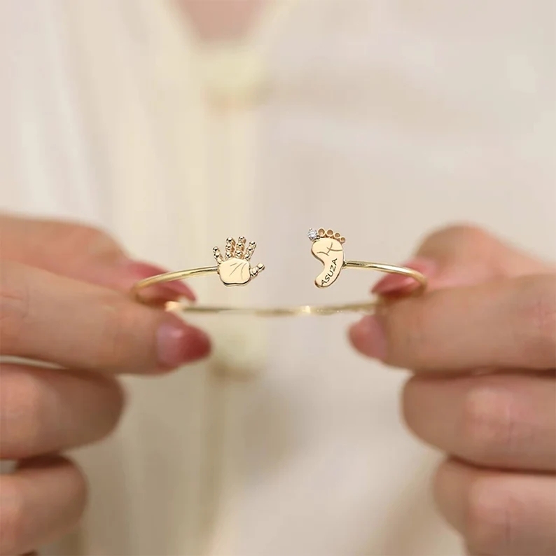 Baby Footprint and Handprint Personalized Engraved Name Bracelet with Birthstone