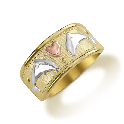 Gold Plated Luck Double Dolphin Ring Tricolor Band Ring