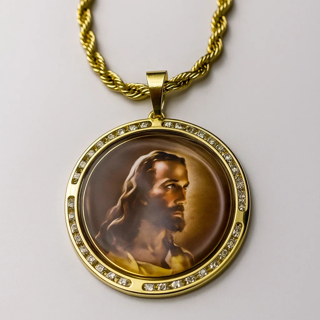 Circular Custom CZ Photo Pendant Necklace with Rope Chain