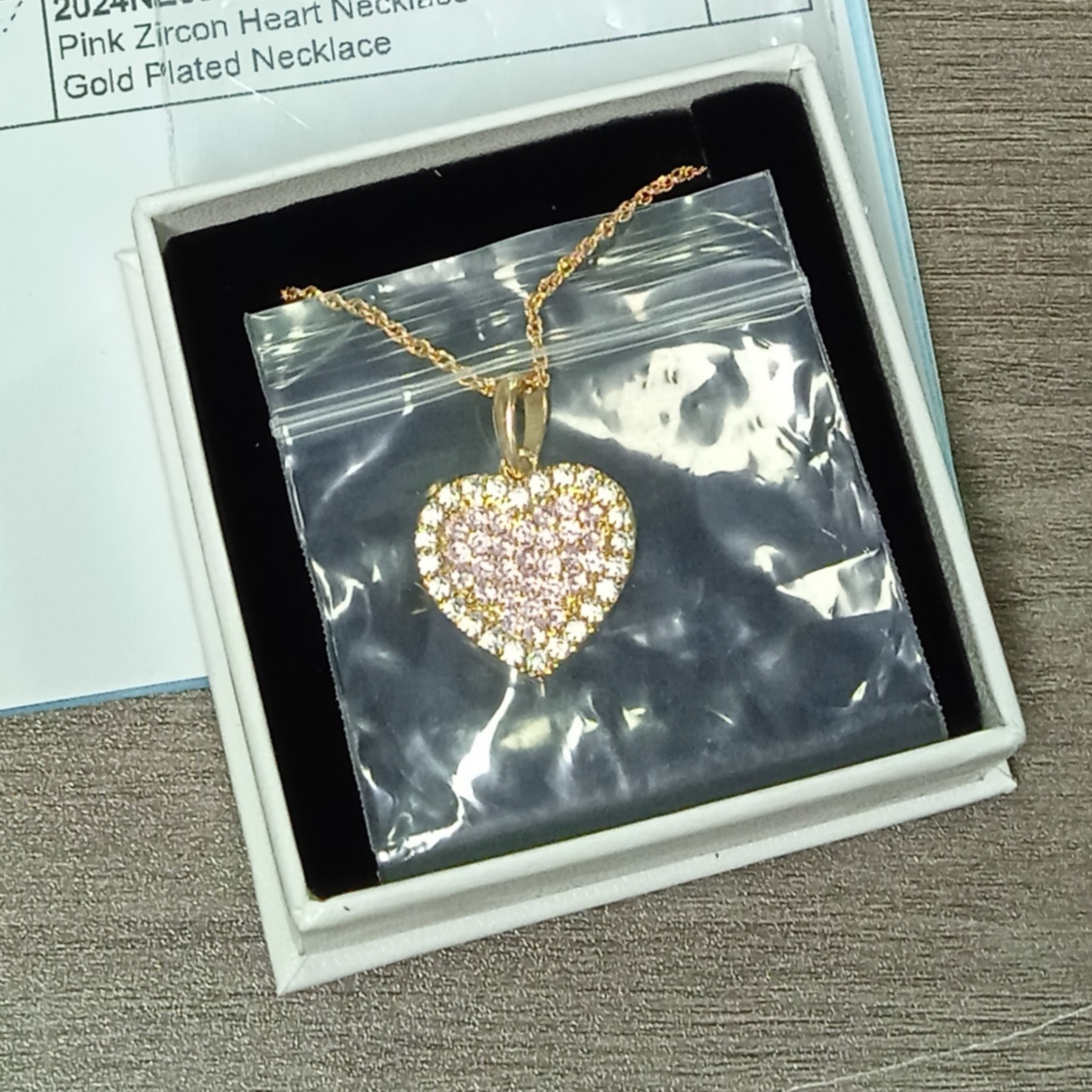 Pink Zircon Heart Necklace Rope Chain Gold Plated Necklace