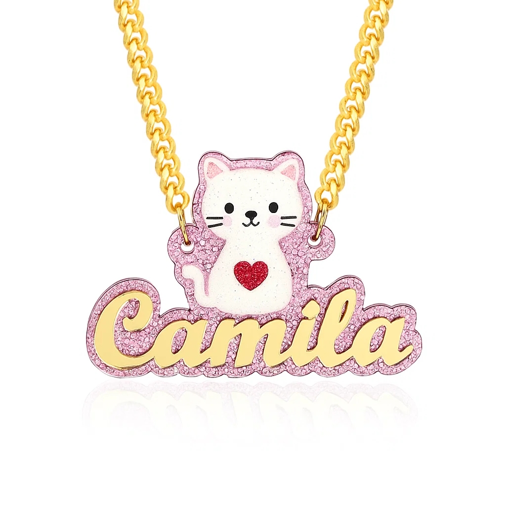 Pink Acrylic Cute Cat Nameplate Personalized Custom Name Necklace