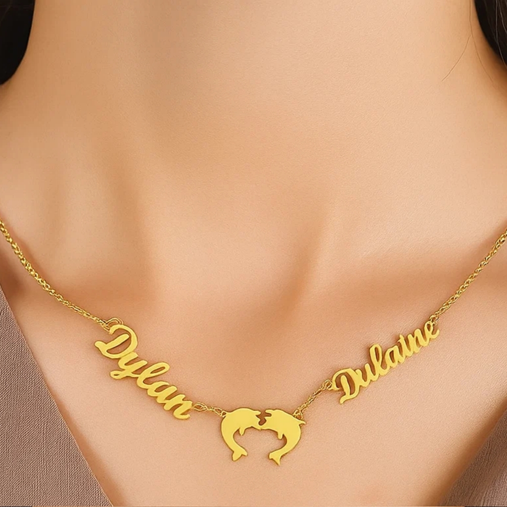 Personalized Dolphin Name Necklace Couple Two Names Necklace