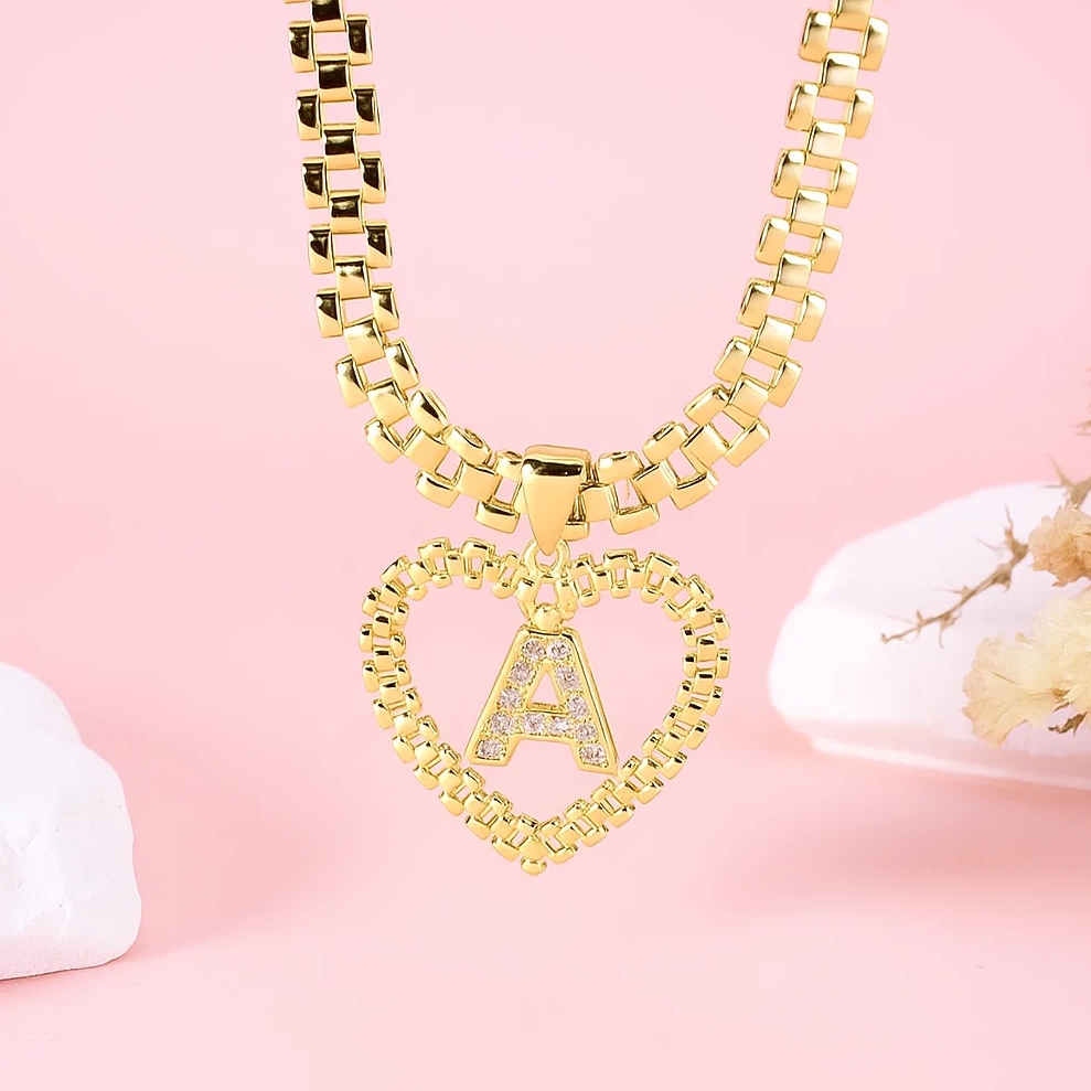 Personalized CZ Initial Letter Heart Pendant Necklace Rx Chain Initial Necklace