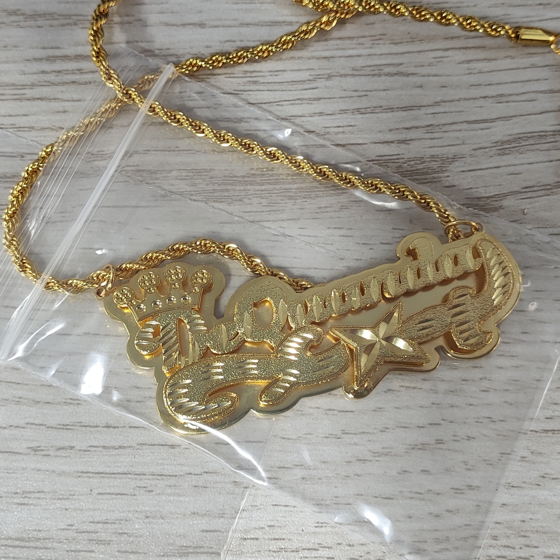 Gold Plated Crown Diamond Cut Doule Layer Custom Name Necklace